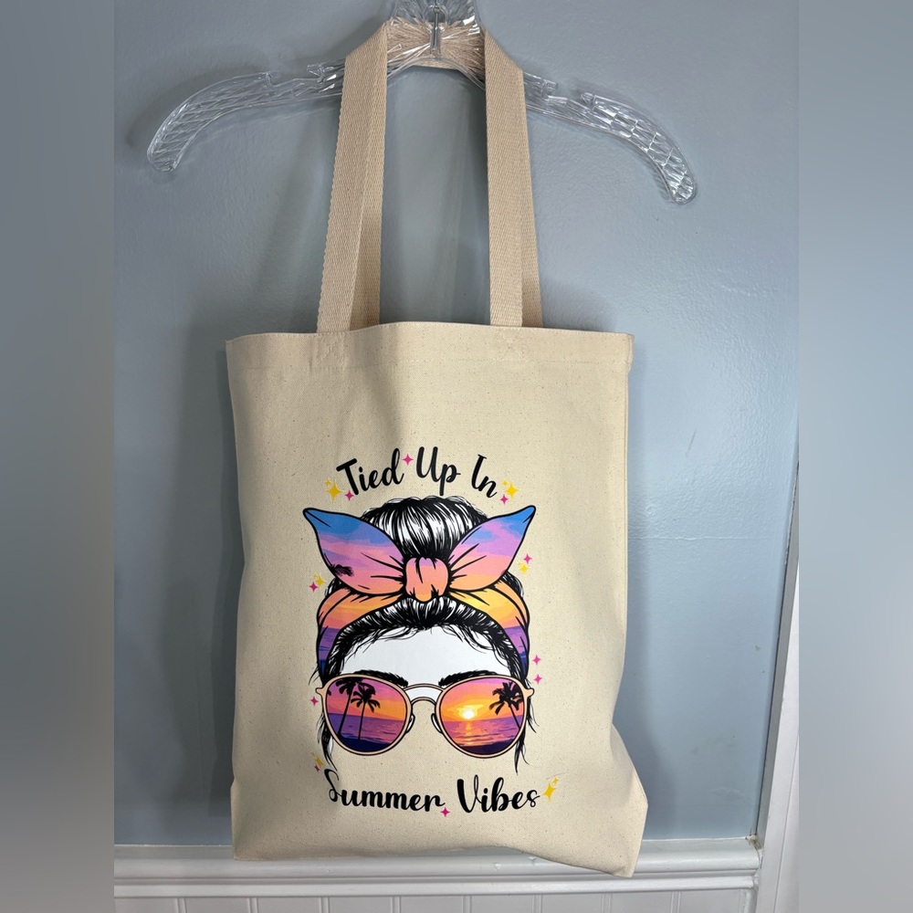 Canvas Tote Bag with Colorful Summer Vibes Print Cream Made Boho Summer Handmade